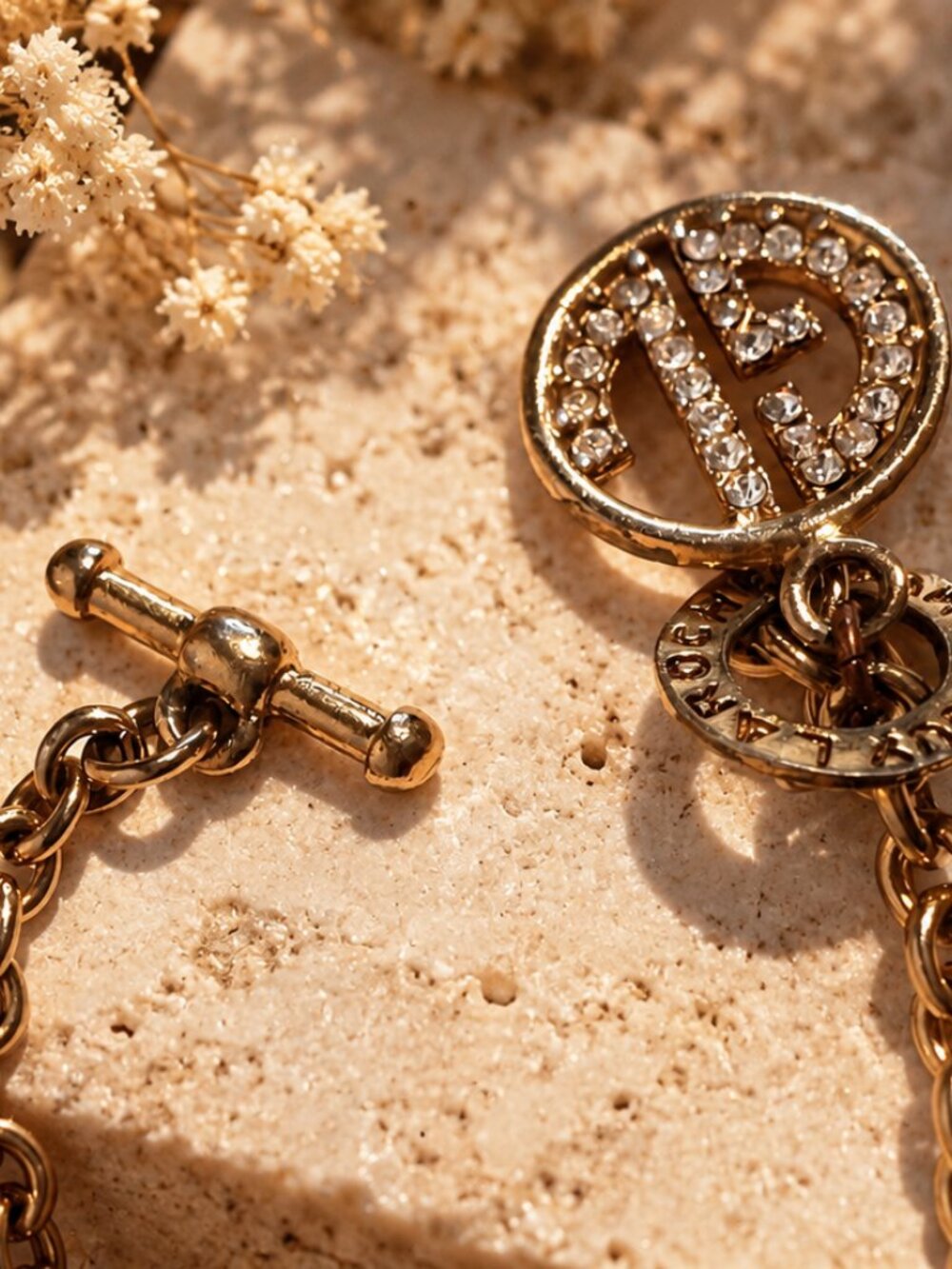 Vintage Guy Laroche Paris Rhinestone Monogram Logo Gold Tone Chain Bracelet